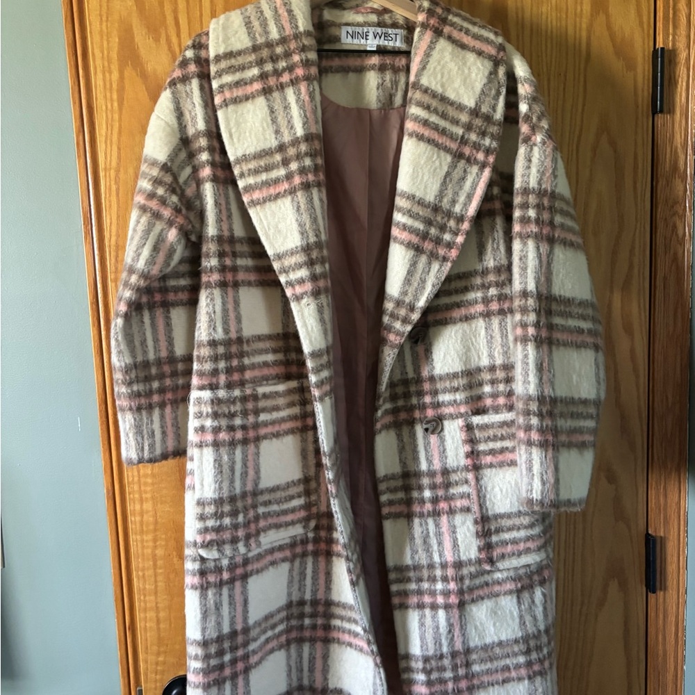 Nine West Women's Pink and Cream Plaid Wool Trench
